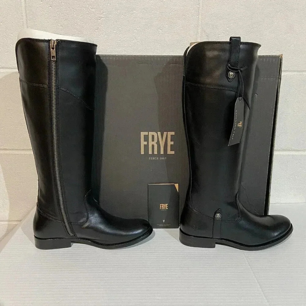 FRYE Melissa Tab Tall Leather Riding Boots Extended Calf(3470110-BKX) 5.5M Black